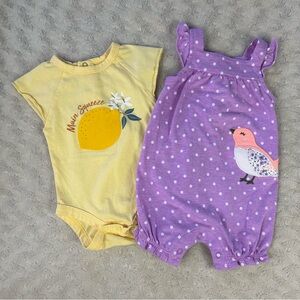 Baby Girl Summer Romper Bundle Carter’s Purple Bird Yellow Lemon
